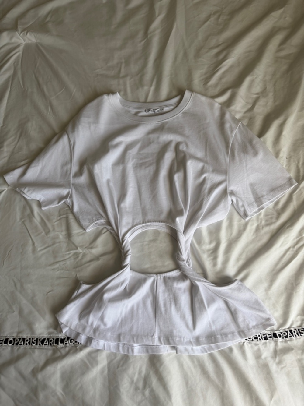Zara White Round Neck Cutout Tee